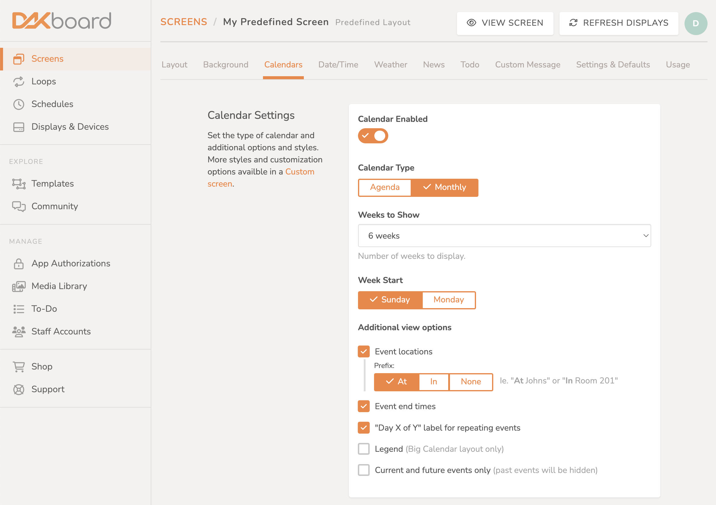 DAKbaord options screenshot